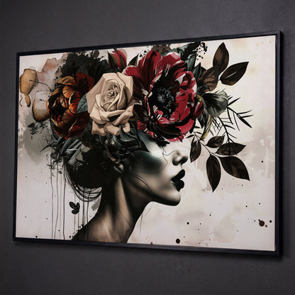 Floral Headdress Woman Portrait Canvas, Dark Botanical Wall Art shown in black floating frame