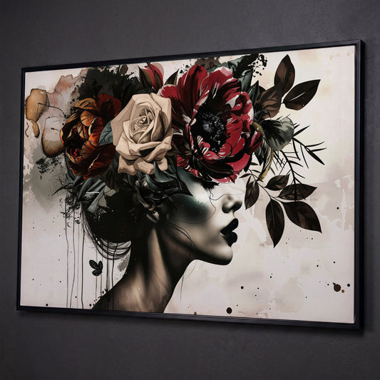 Floral Headdress Woman Portrait Canvas, Dark Botanical Wall Art shown in black floating frame