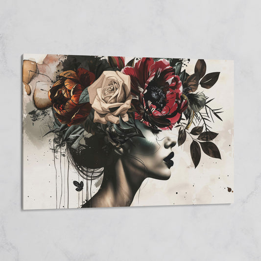 Floral Headdress Woman Portrait Canvas, Dark Botanical Wall Art on gallery wrap