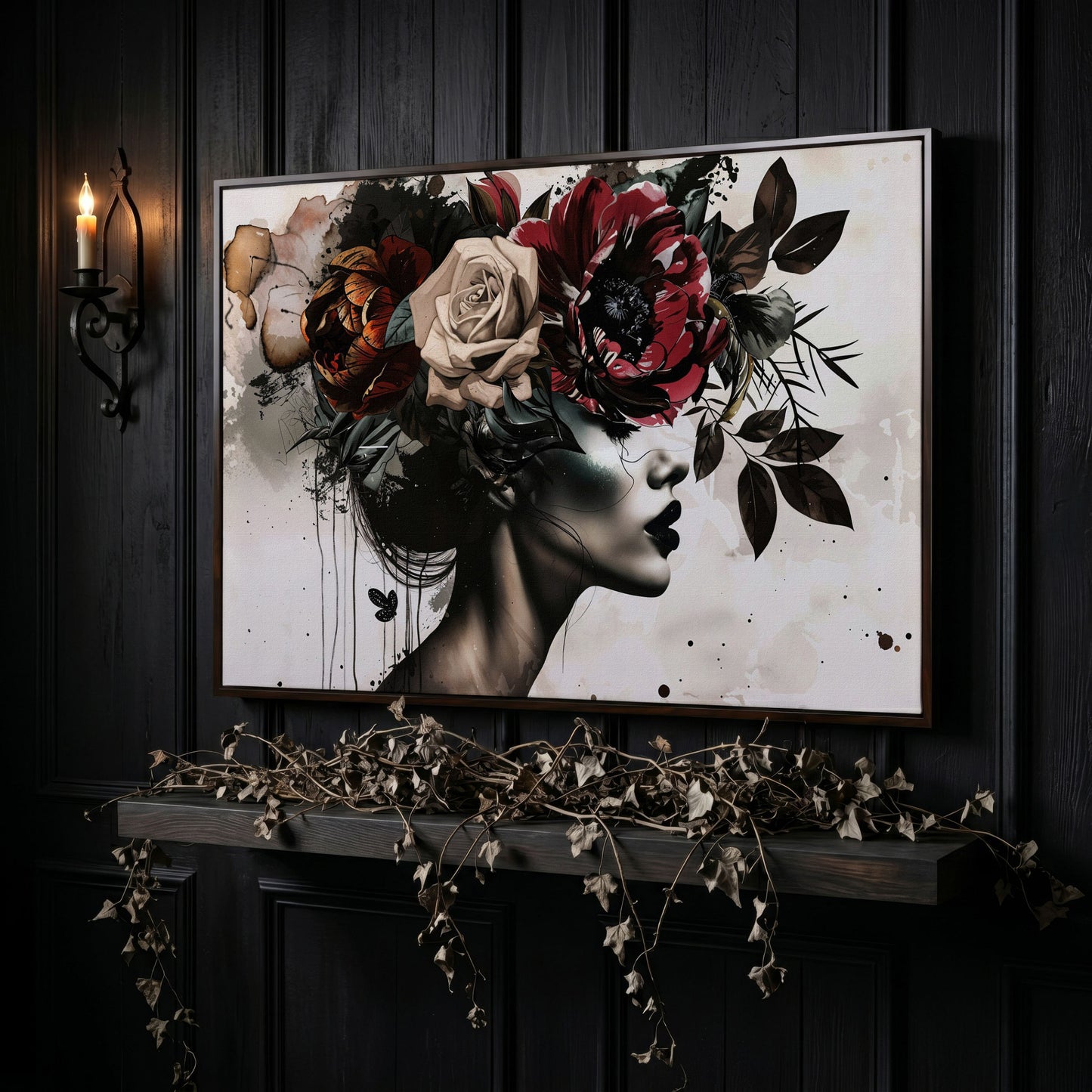 Floral Headdress Woman Portrait Canvas, Dark Botanical Wall Art in dark walnut floating frame