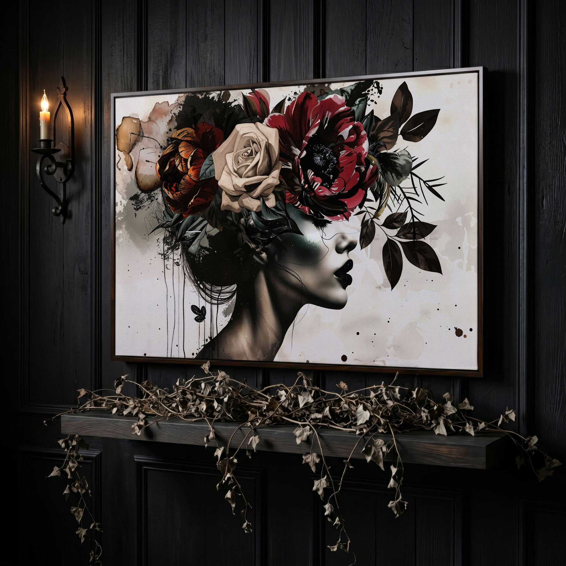 Floral Headdress Woman Portrait Canvas, Dark Botanical Wall Art in dark walnut floating frame