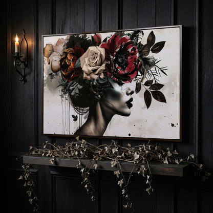 Floral Headdress Woman Portrait Canvas, Dark Botanical Wall Art in dark walnut floating frame