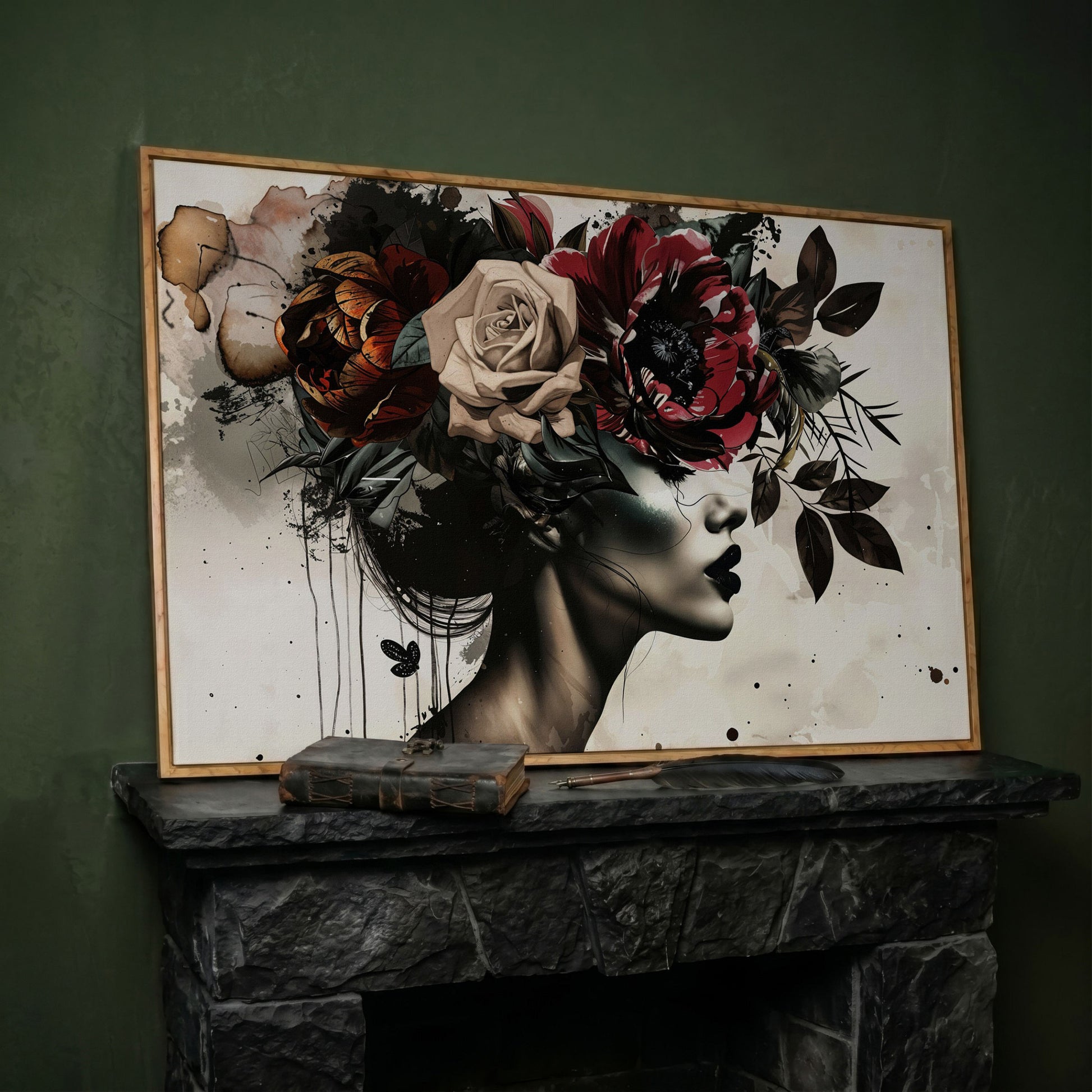 Floral Headdress Woman Portrait Canvas, Dark Botanical Wall Art in white oak floating frame