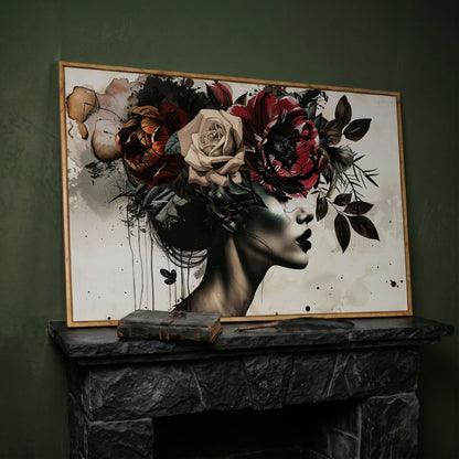 Floral Headdress Woman Portrait Canvas, Dark Botanical Wall Art in white oak floating frame