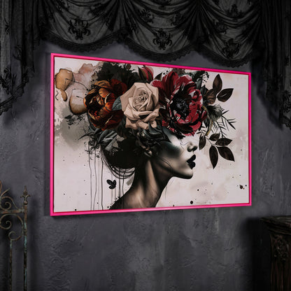 Floral Headdress Woman Portrait Canvas, Dark Botanical Wall Art in pink floating frame