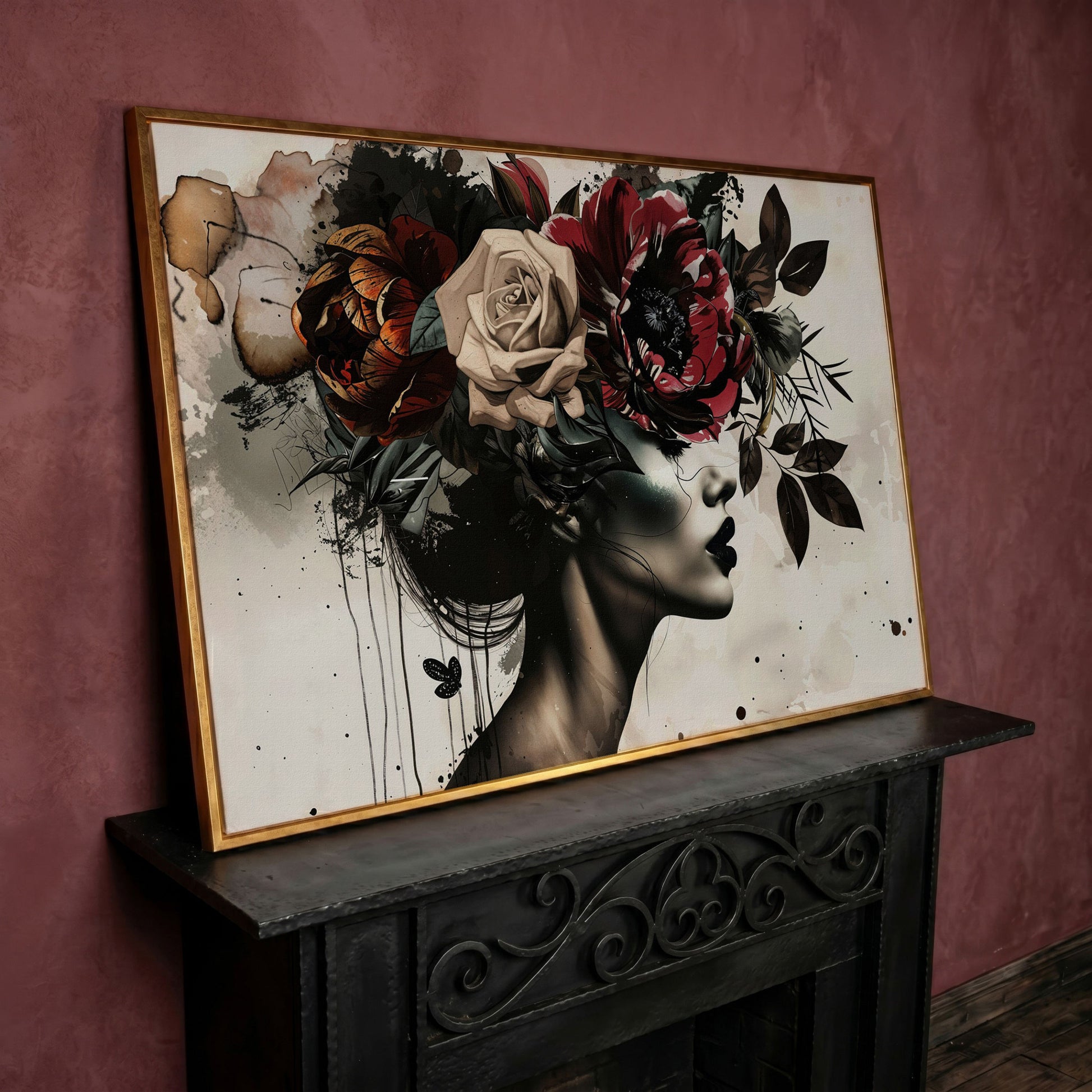Floral Headdress Woman Portrait Canvas, Dark Botanical Wall Art in rose gold floating frame