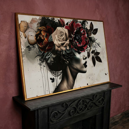 Floral Headdress Woman Portrait Canvas, Dark Botanical Wall Art in rose gold floating frame