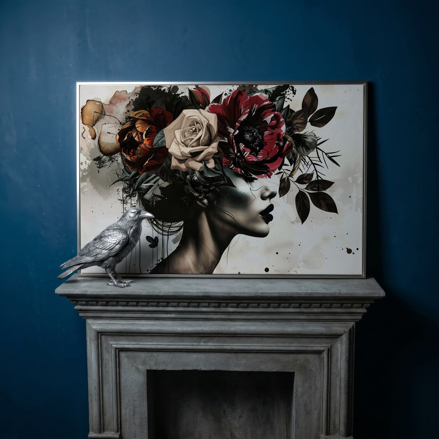Floral Headdress Woman Portrait Canvas, Dark Botanical Wall Art in silver floating frame
