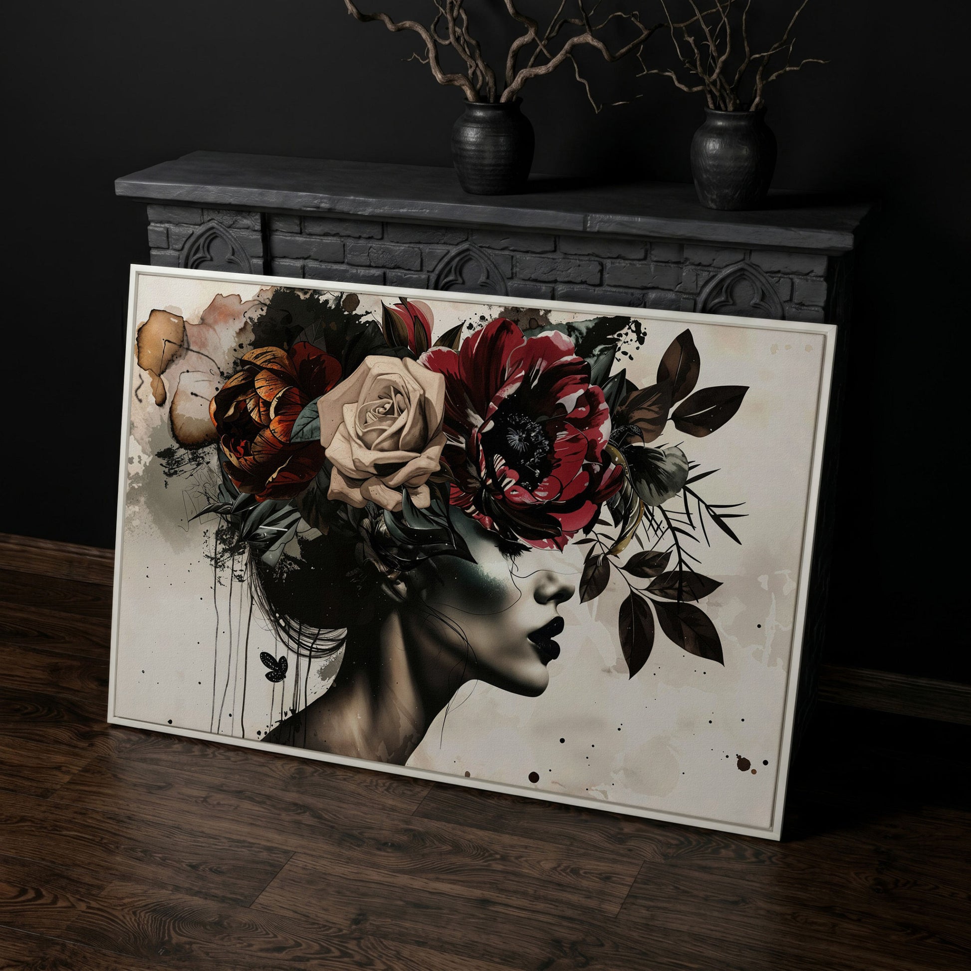 Floral Headdress Woman Portrait Canvas, Dark Botanical Wall Art in white floating frame