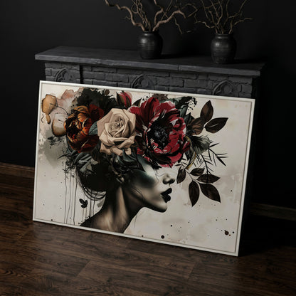 Floral Headdress Woman Portrait Canvas, Dark Botanical Wall Art in white floating frame