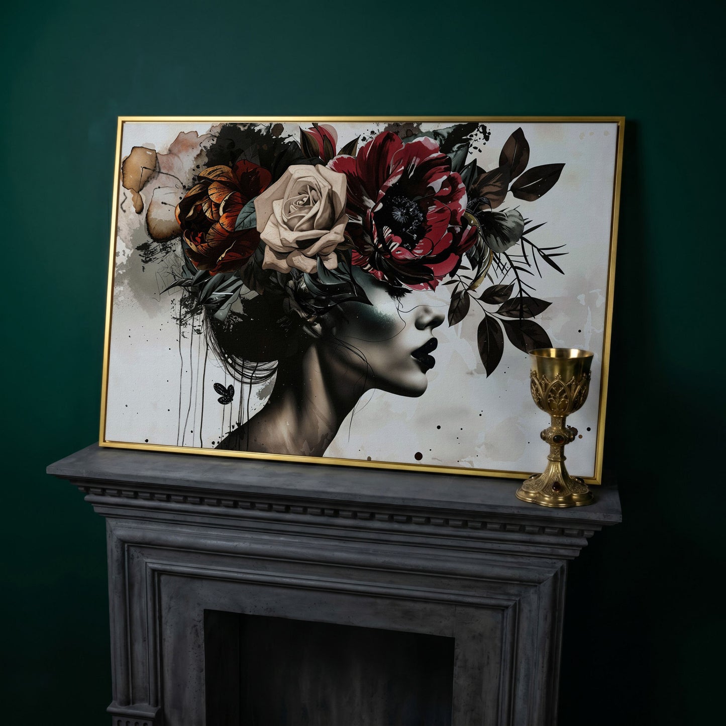 Floral Headdress Woman Portrait Canvas, Dark Botanical Wall Art in yellow gold floating frame