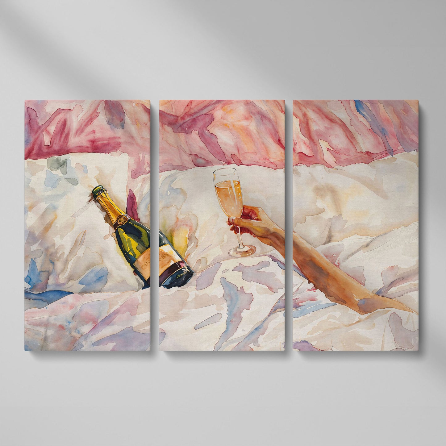 Champagne & Linen Bedside Canvas Print as 3-panel split version