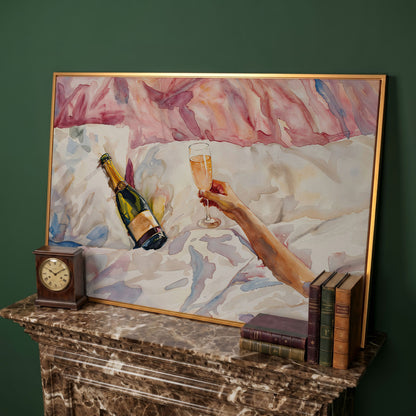 Champagne & Linen Bedside Canvas Print in antique gold floating frame