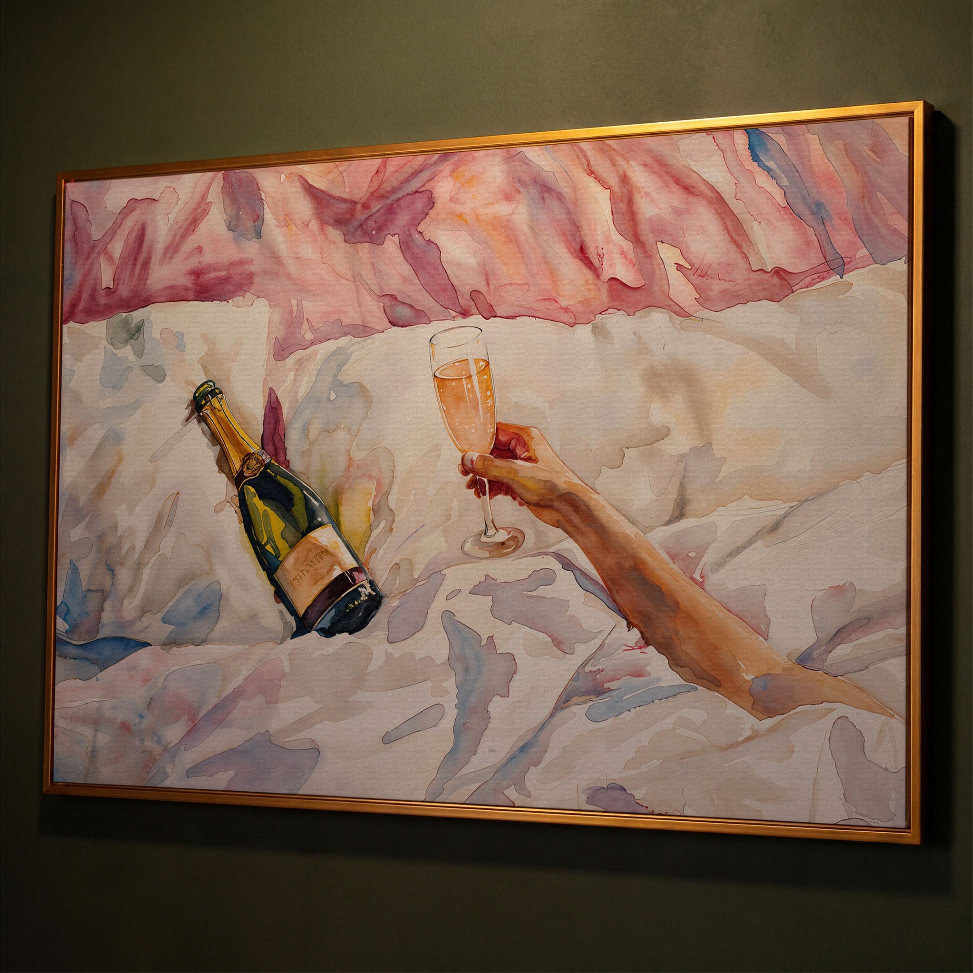 Champagne & Linen Bedside Canvas Print shown in antique gold floating frame