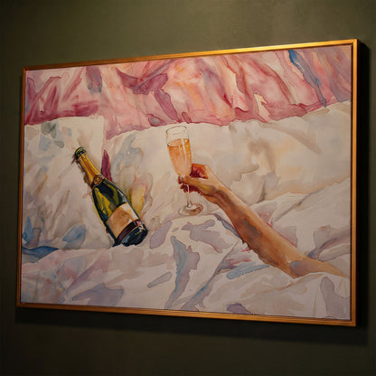 Champagne & Linen Bedside Canvas Print shown in antique gold floating frame