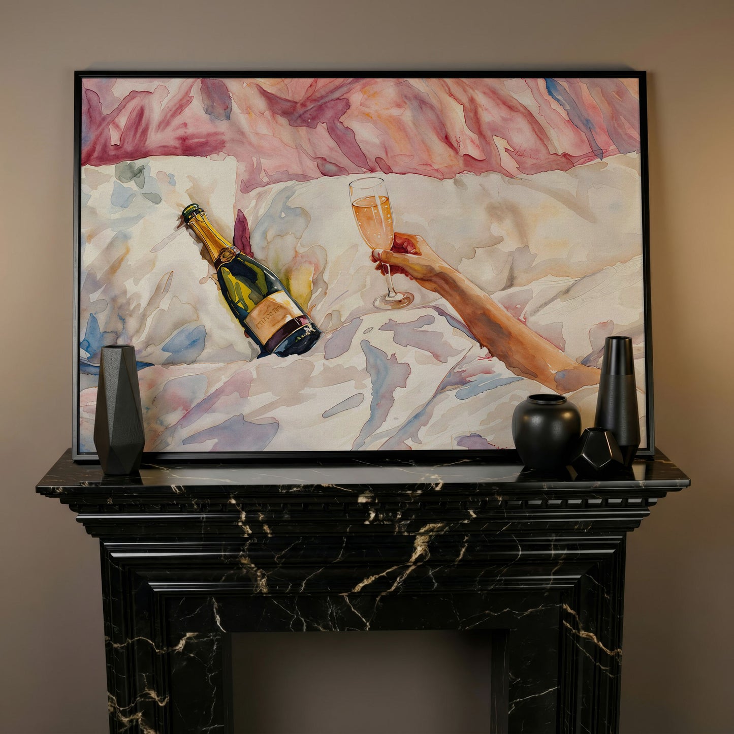 Champagne & Linen Bedside Canvas Print in black floating frame