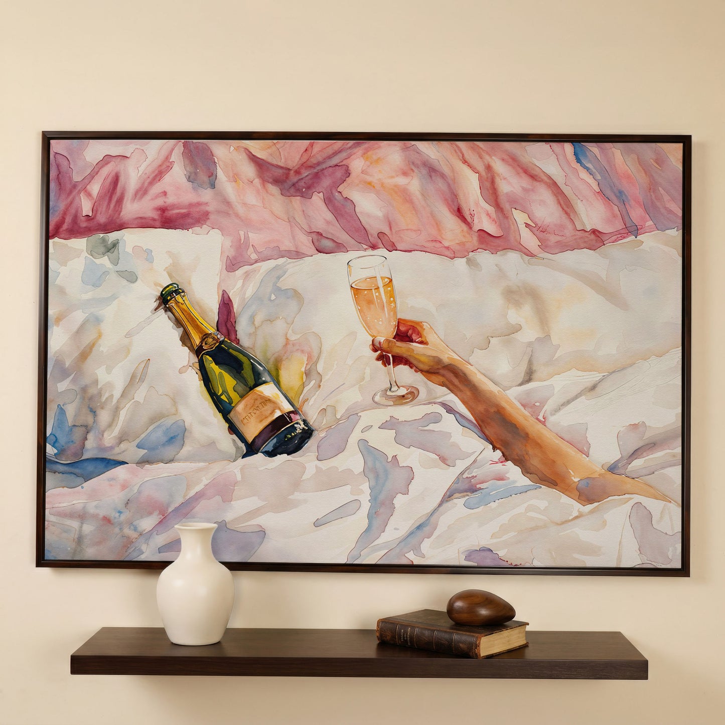 Champagne & Linen Bedside Canvas Print in dark walnut floating frame