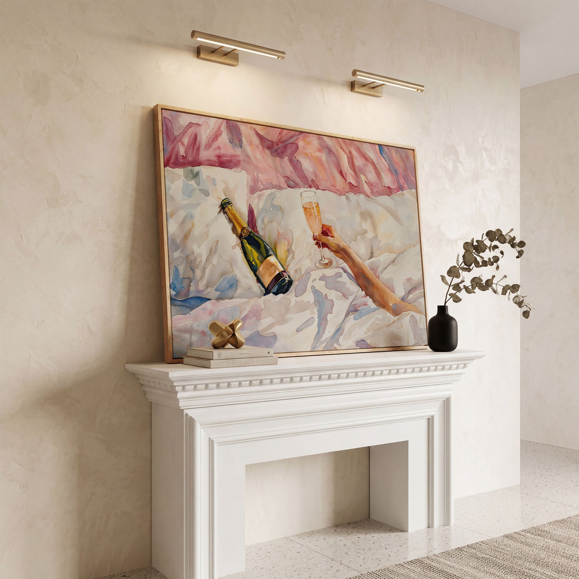 Champagne & Linen Bedside Canvas Print in white oak floating frame