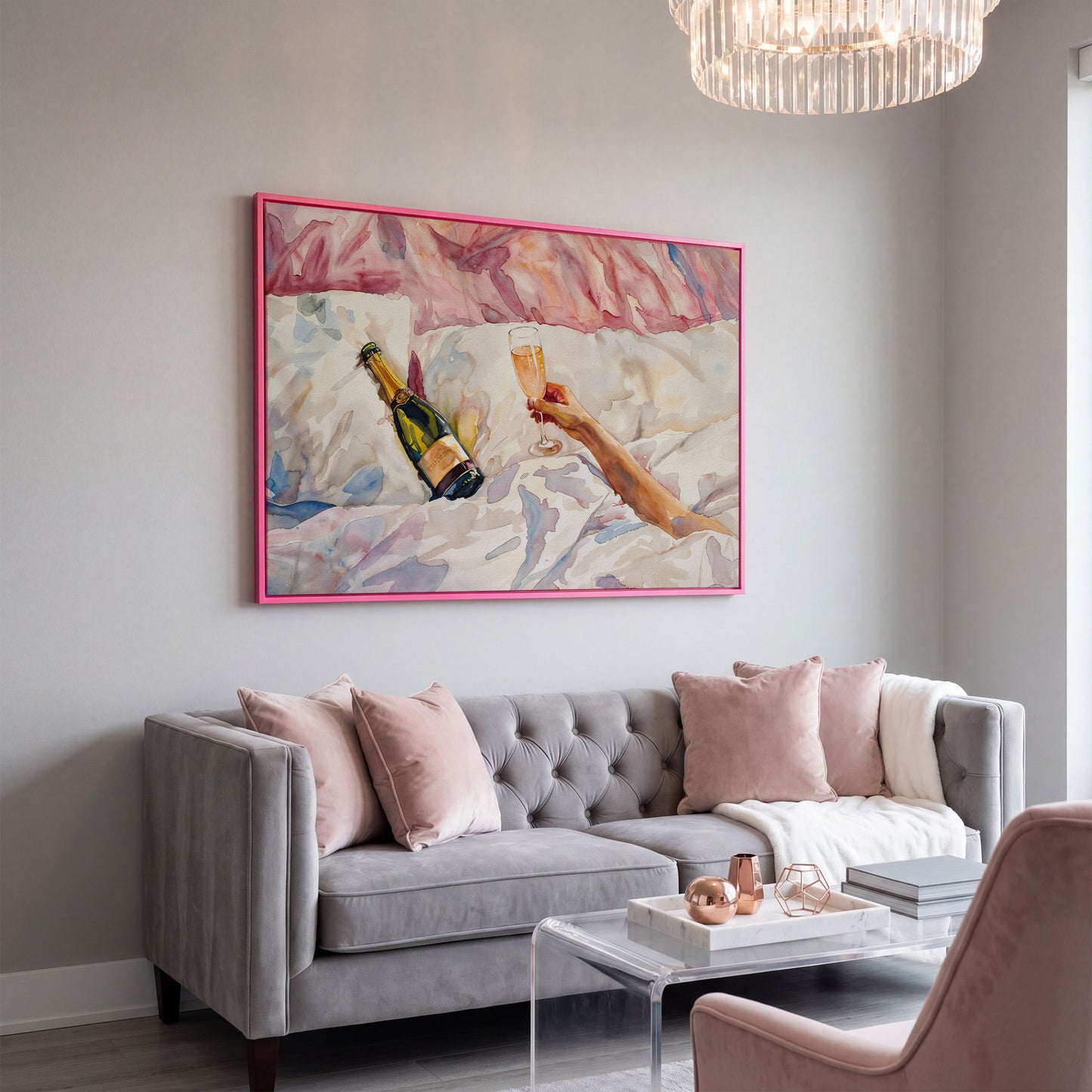 Champagne & Linen Bedside Canvas Print in pink floating frame