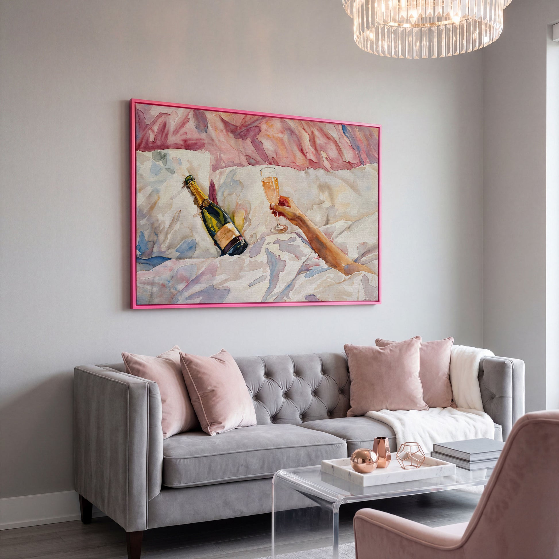 Champagne & Linen Bedside Canvas Print in pink floating frame