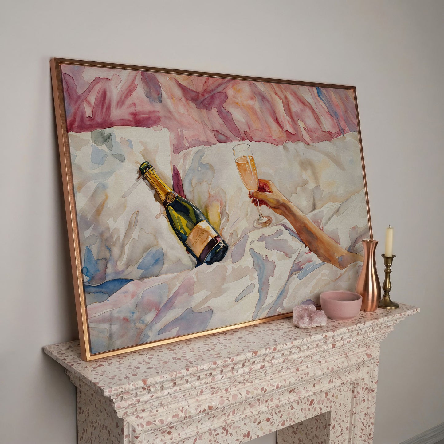 Champagne & Linen Bedside Canvas Print in rose gold floating frame