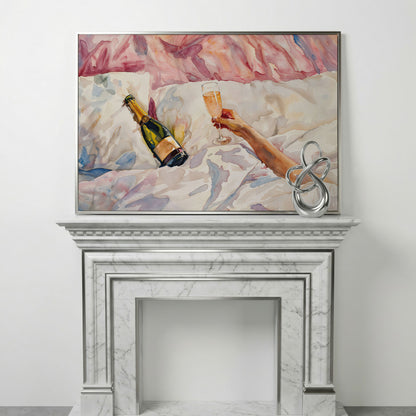 Champagne & Linen Bedside Canvas Print in silver floating frame