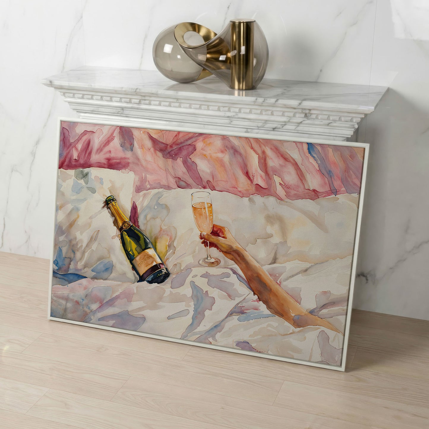 Champagne & Linen Bedside Canvas Print in white floating frame