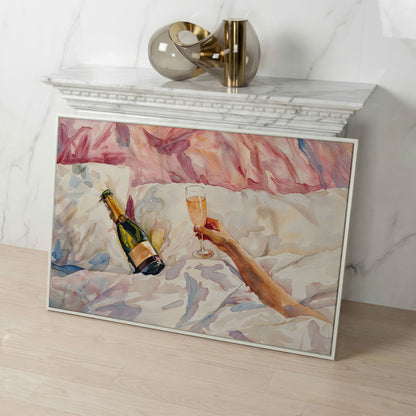Champagne & Linen Bedside Canvas Print in white floating frame