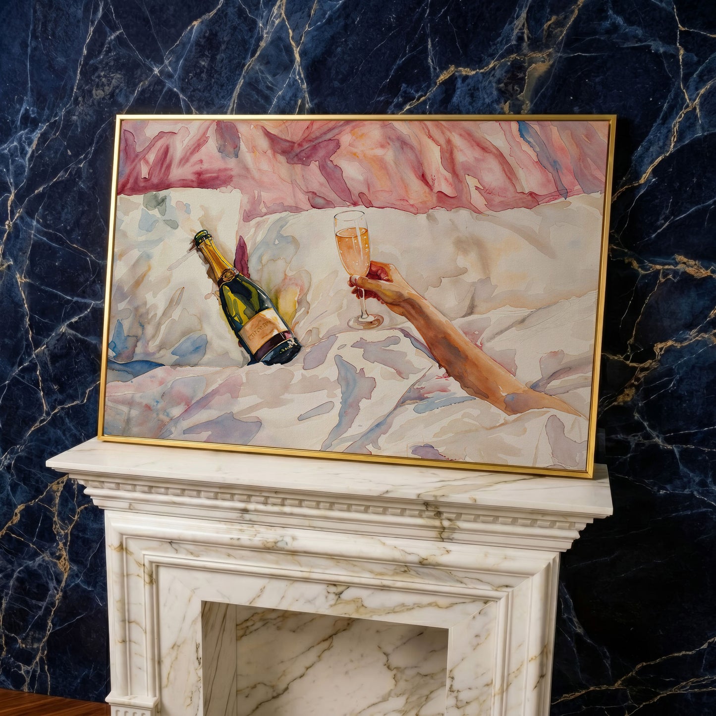 Champagne & Linen Bedside Canvas Print in yellow gold floating frame
