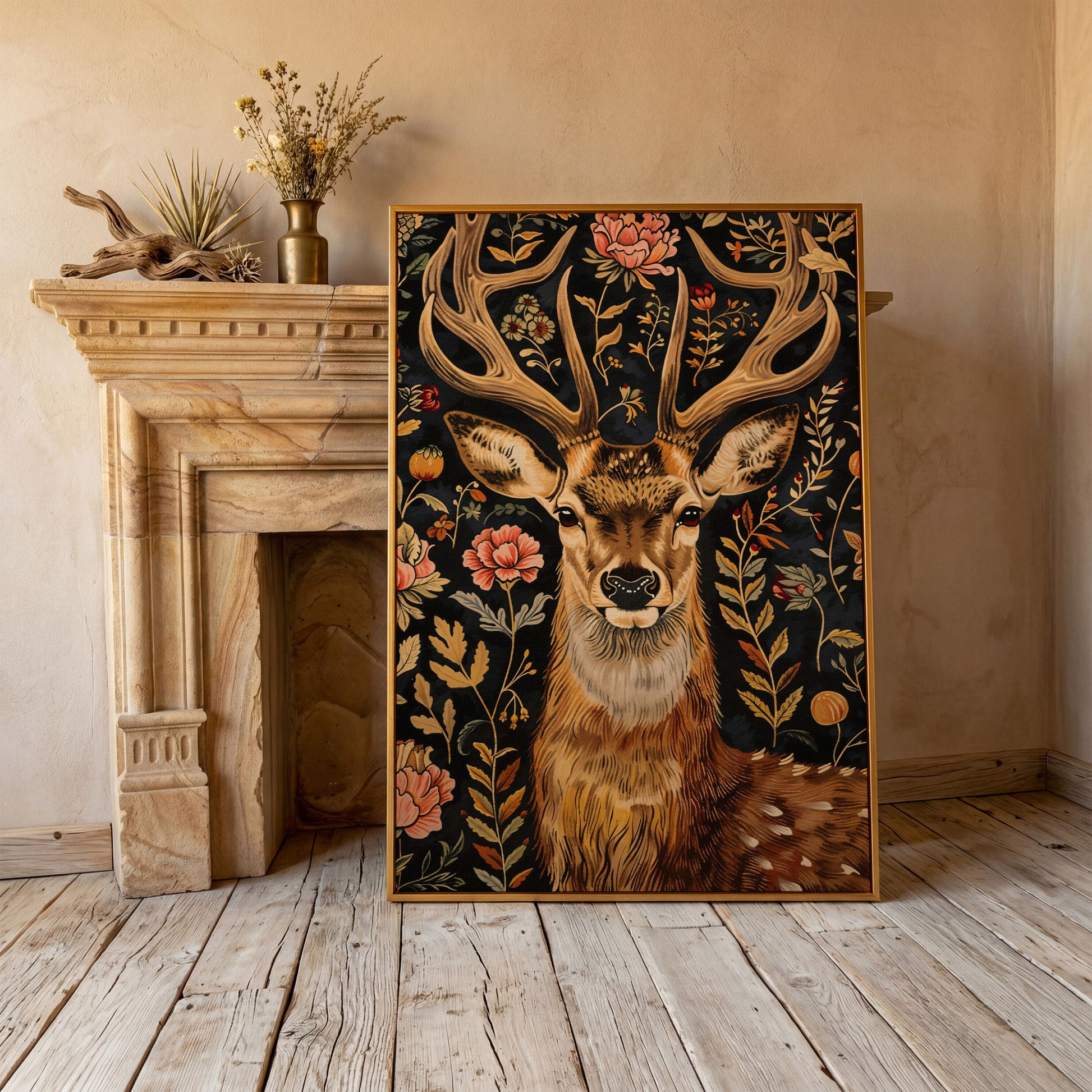 William Morris Stag Canvas Print with Ornate Foliage in antique gold floating frame