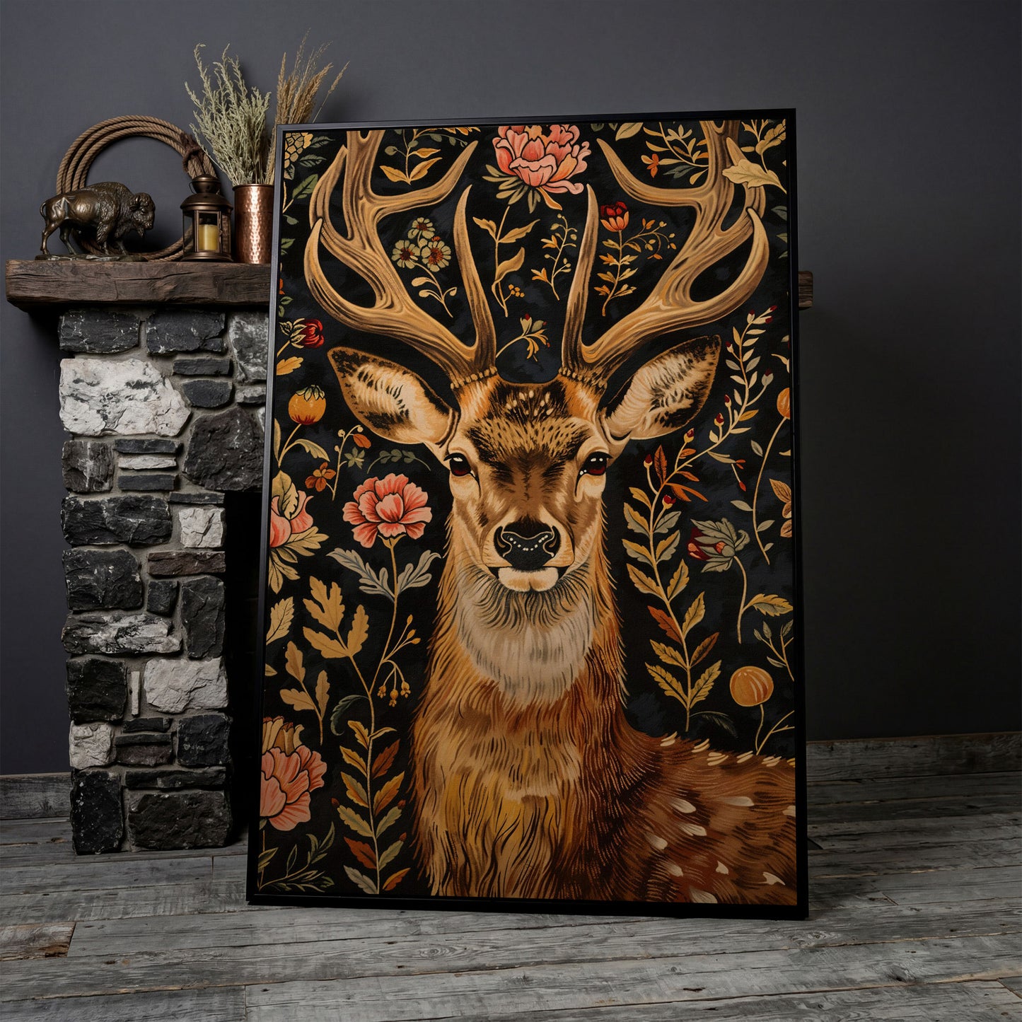 William Morris Stag Canvas Print with Ornate Foliage in black floating frame
