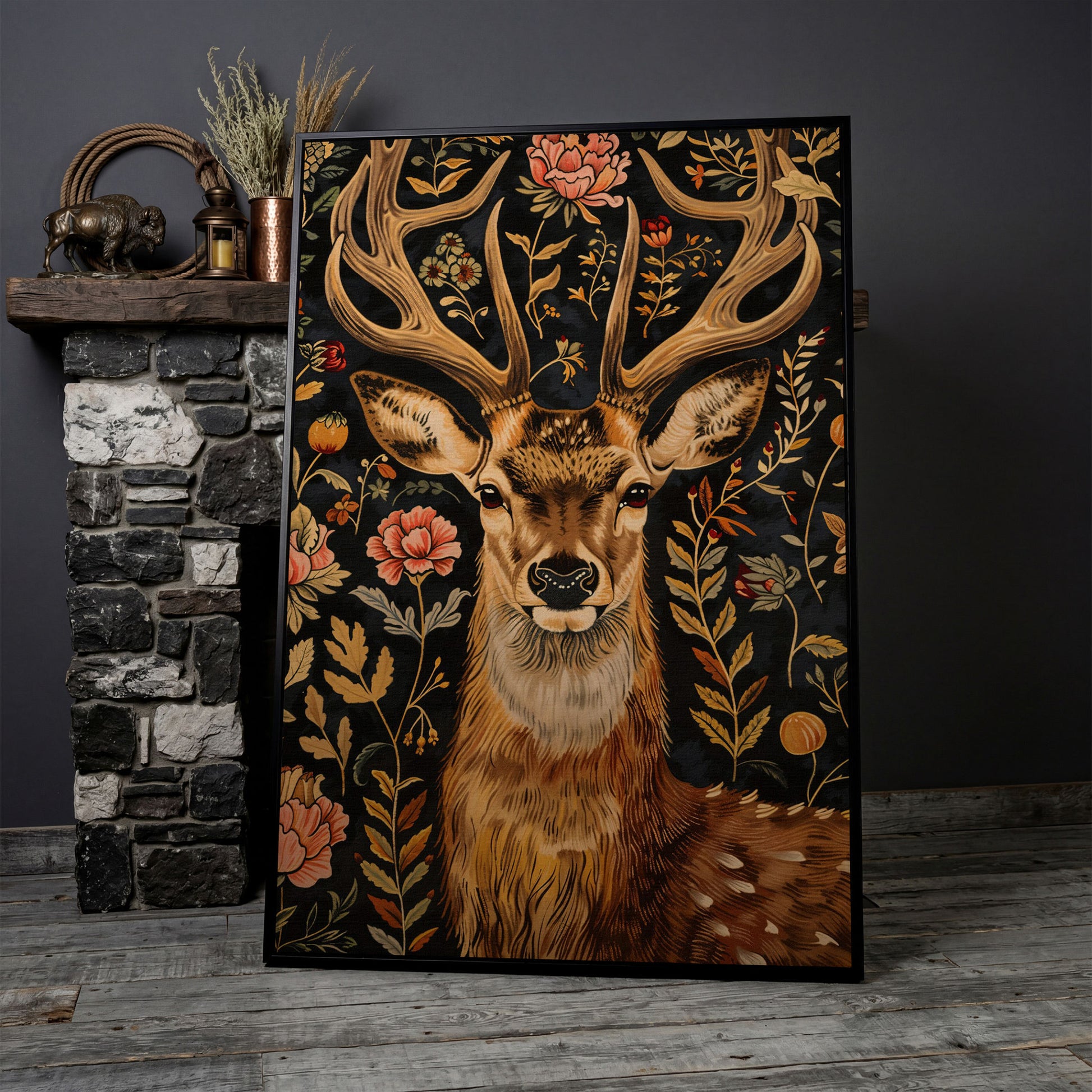 William Morris Stag Canvas Print with Ornate Foliage in black floating frame