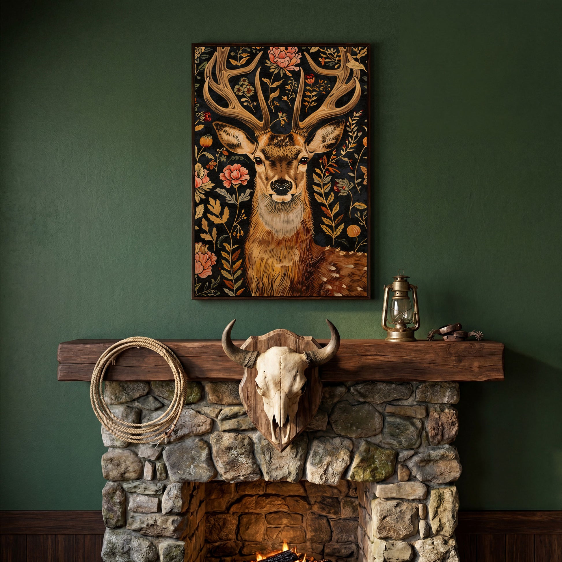 William Morris Stag Canvas Print with Ornate Foliage in dark walnut floating frame