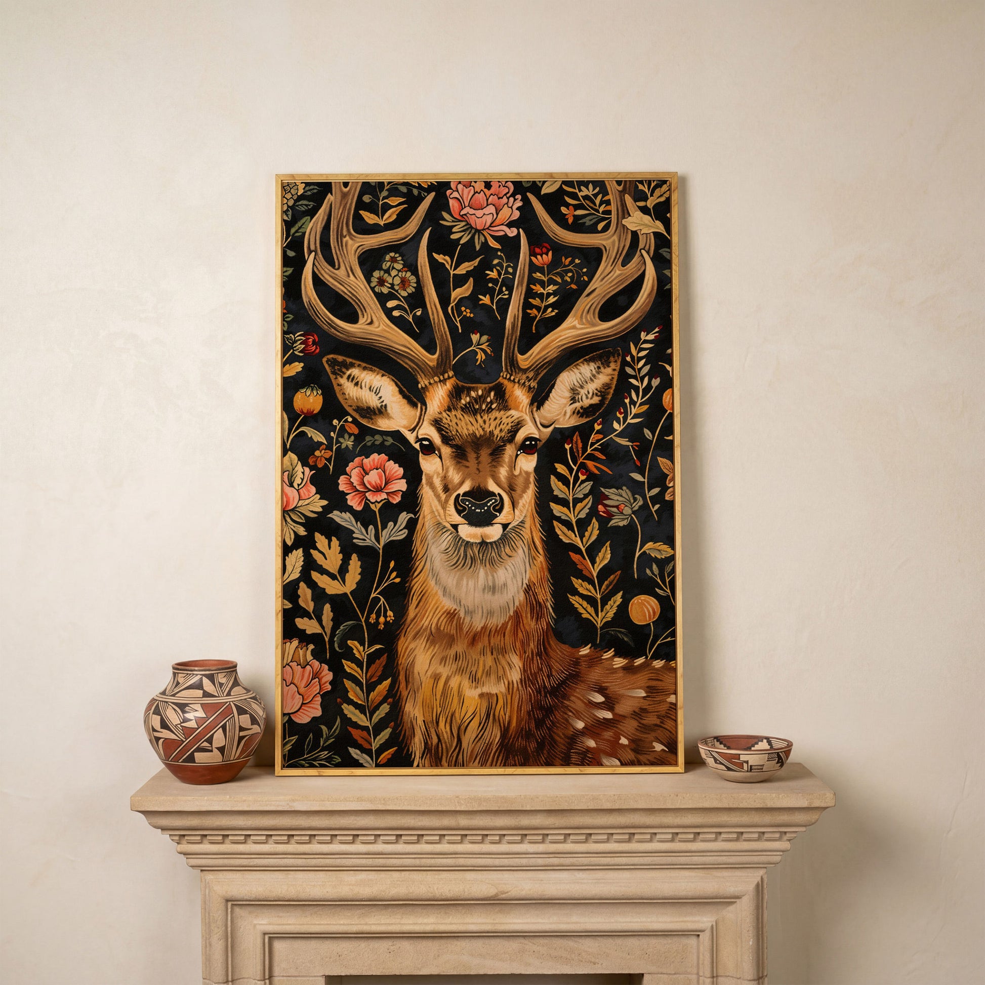 William Morris Stag Canvas Print with Ornate Foliage in white oak floating frame