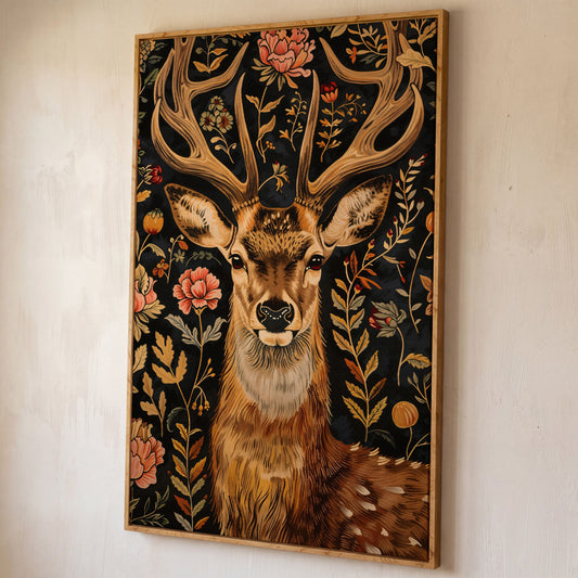 William Morris Stag Canvas Print with Ornate Foliage shown in white oak floating frame