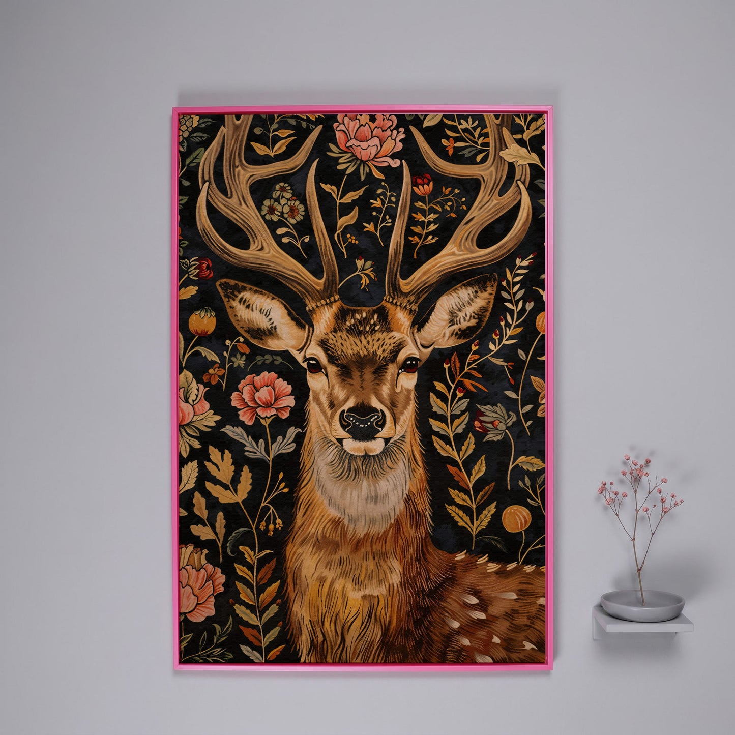 William Morris Stag Canvas Print with Ornate Foliage in pink floating frame