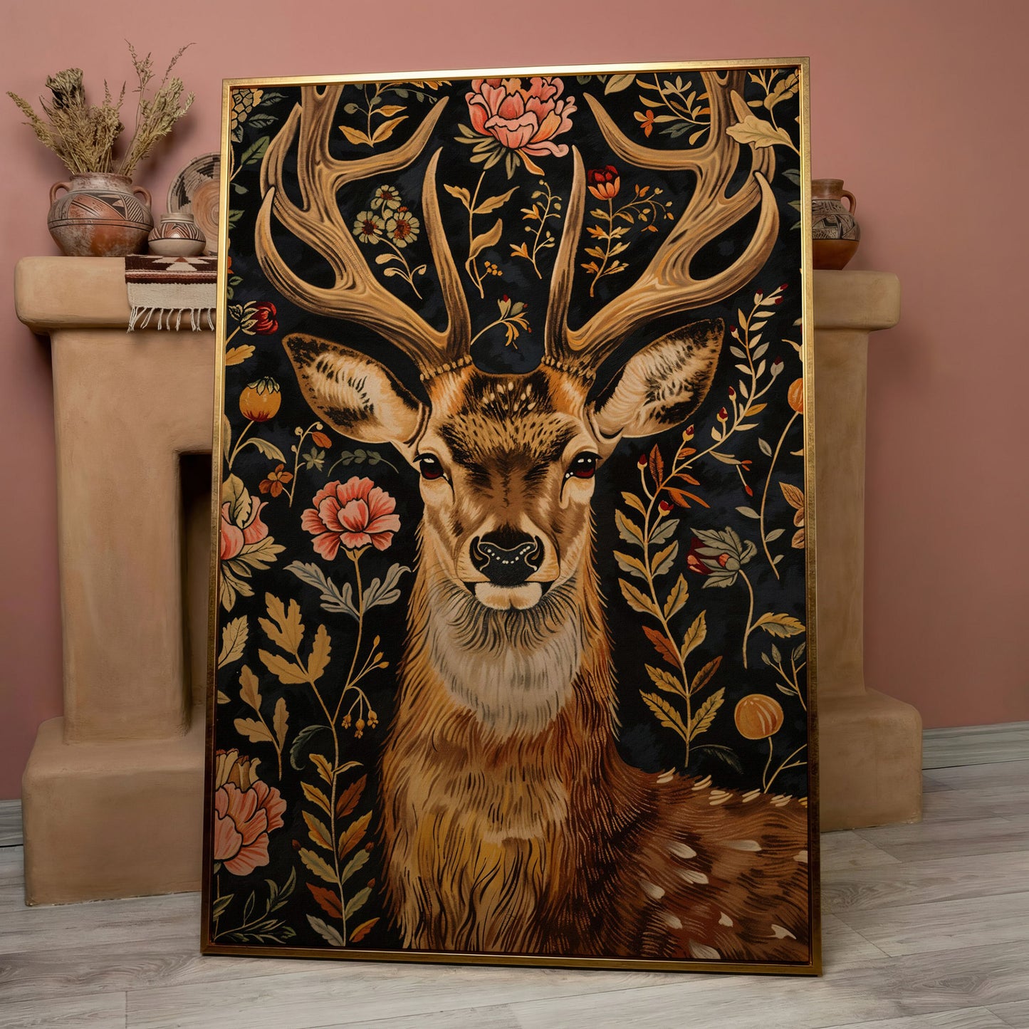 William Morris Stag Canvas Print with Ornate Foliage in rose gold floating frame