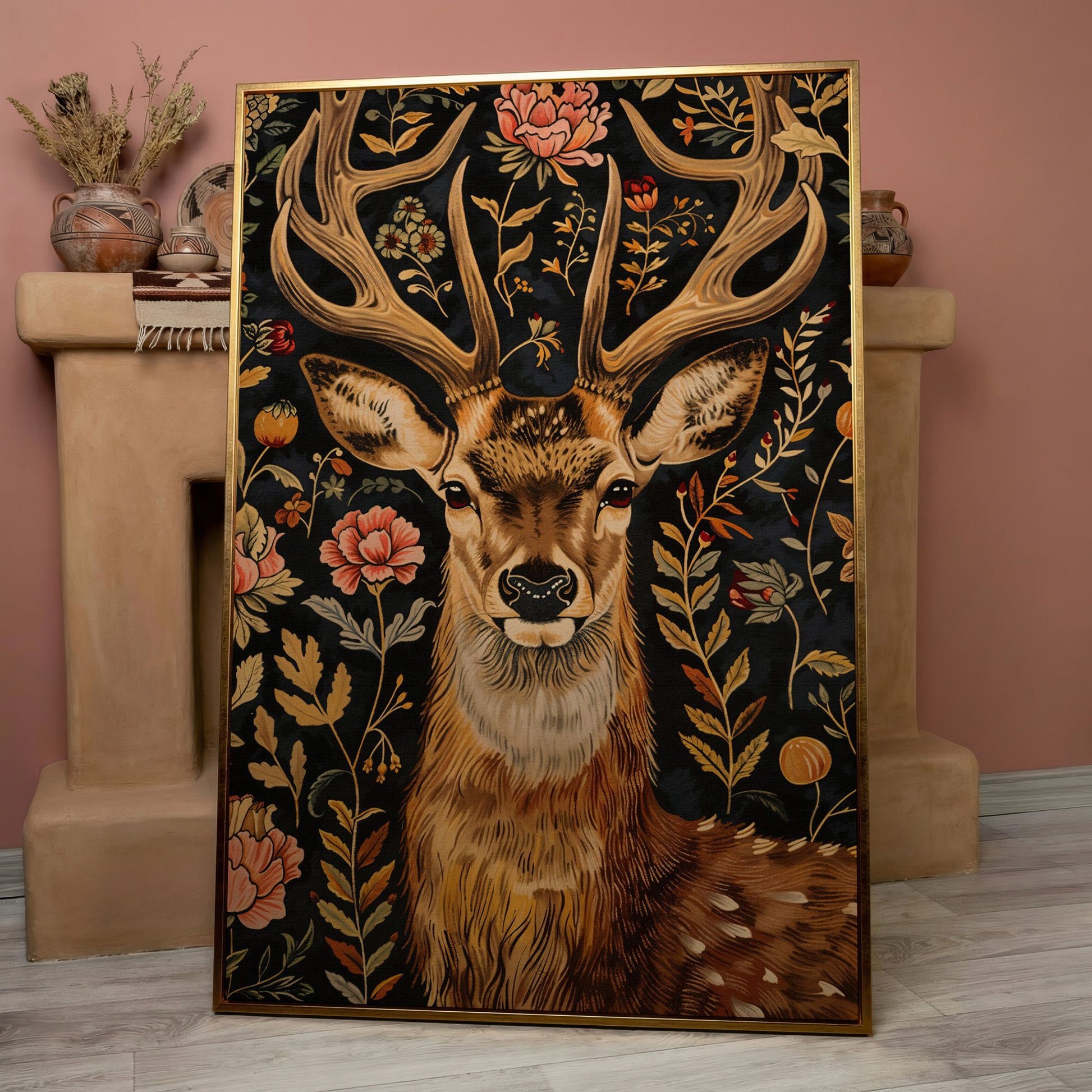 William Morris Stag Canvas Print with Ornate Foliage in rose gold floating frame