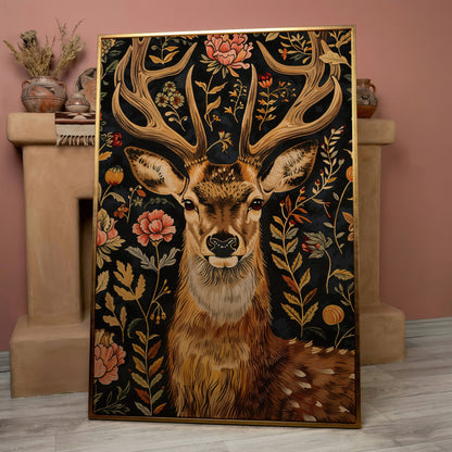 William Morris Stag Canvas Print with Ornate Foliage in rose gold floating frame