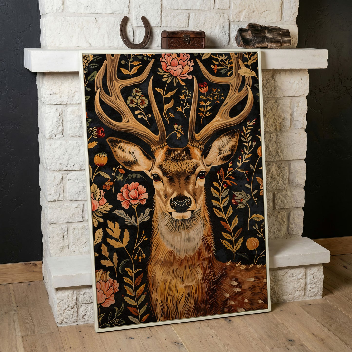 William Morris Stag Canvas Print with Ornate Foliage in white floating frame
