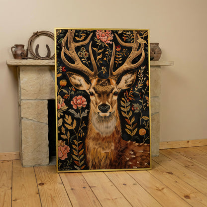 William Morris Stag Canvas Print with Ornate Foliage in yellow gold floating frame
