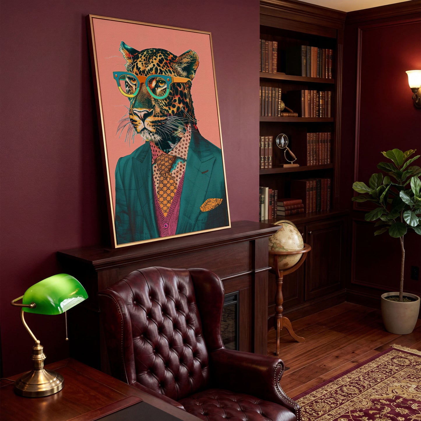 Leopard in Suit Retro Portrait Canvas in antique gold floating frame