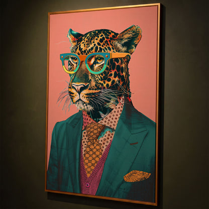 Leopard in Suit Retro Portrait Canvas shown in antique gold floating frame