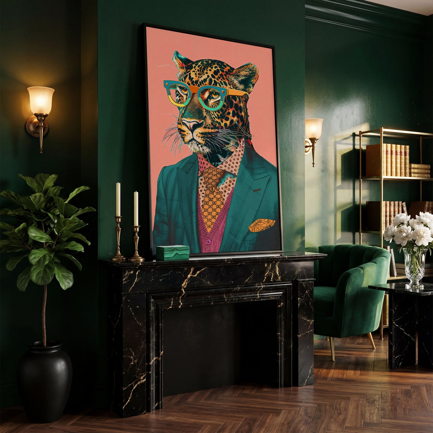 Leopard in Suit Retro Portrait Canvas in black floating frame