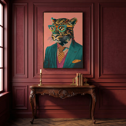 Leopard in Suit Retro Portrait Canvas in dark walnut floating frame