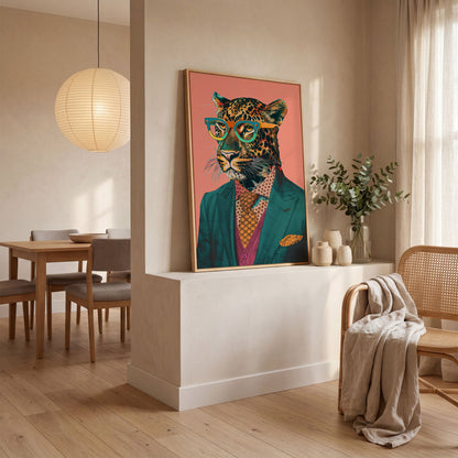 Leopard in Suit Retro Portrait Canvas in white oak floating frame