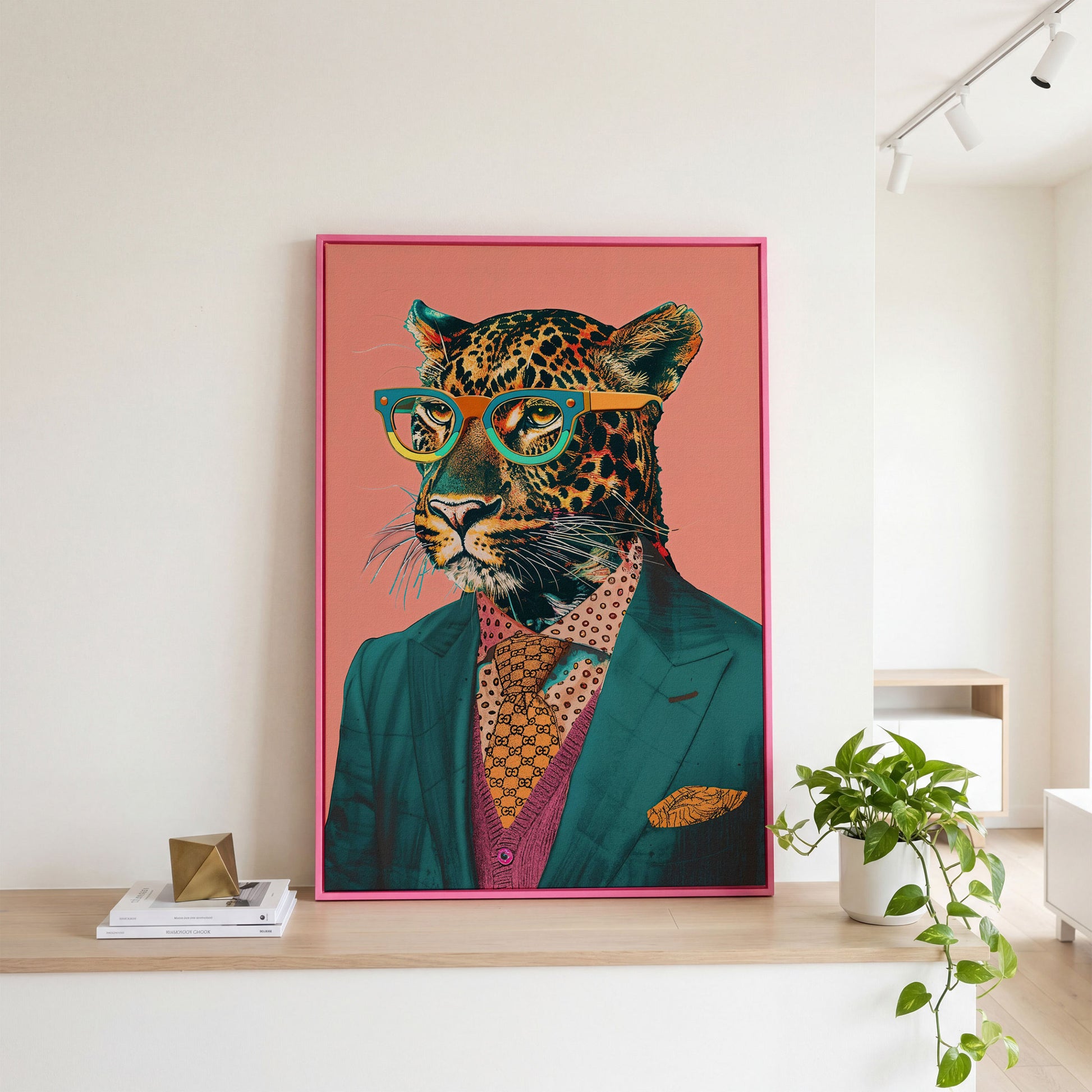 Leopard in Suit Retro Portrait Canvas in pink floating frame