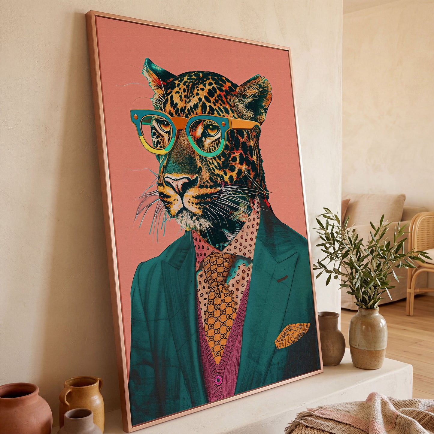Leopard in Suit Retro Portrait Canvas in rose gold floating frame