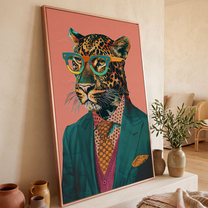 Leopard in Suit Retro Portrait Canvas in rose gold floating frame