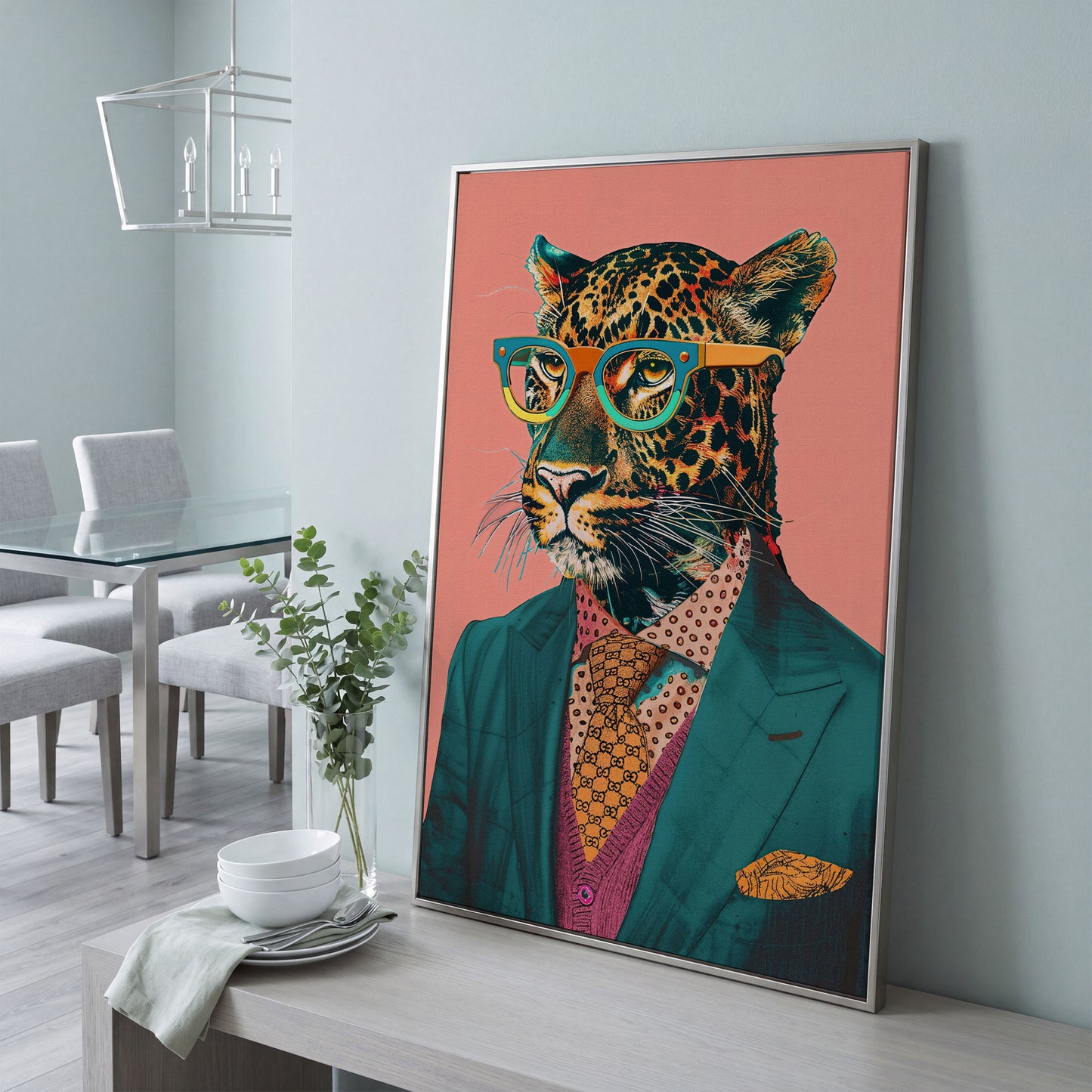 Leopard in Suit Retro Portrait Canvas in silver floating frame
